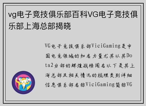 vg电子竞技俱乐部百科VG电子竞技俱乐部上海总部揭晓